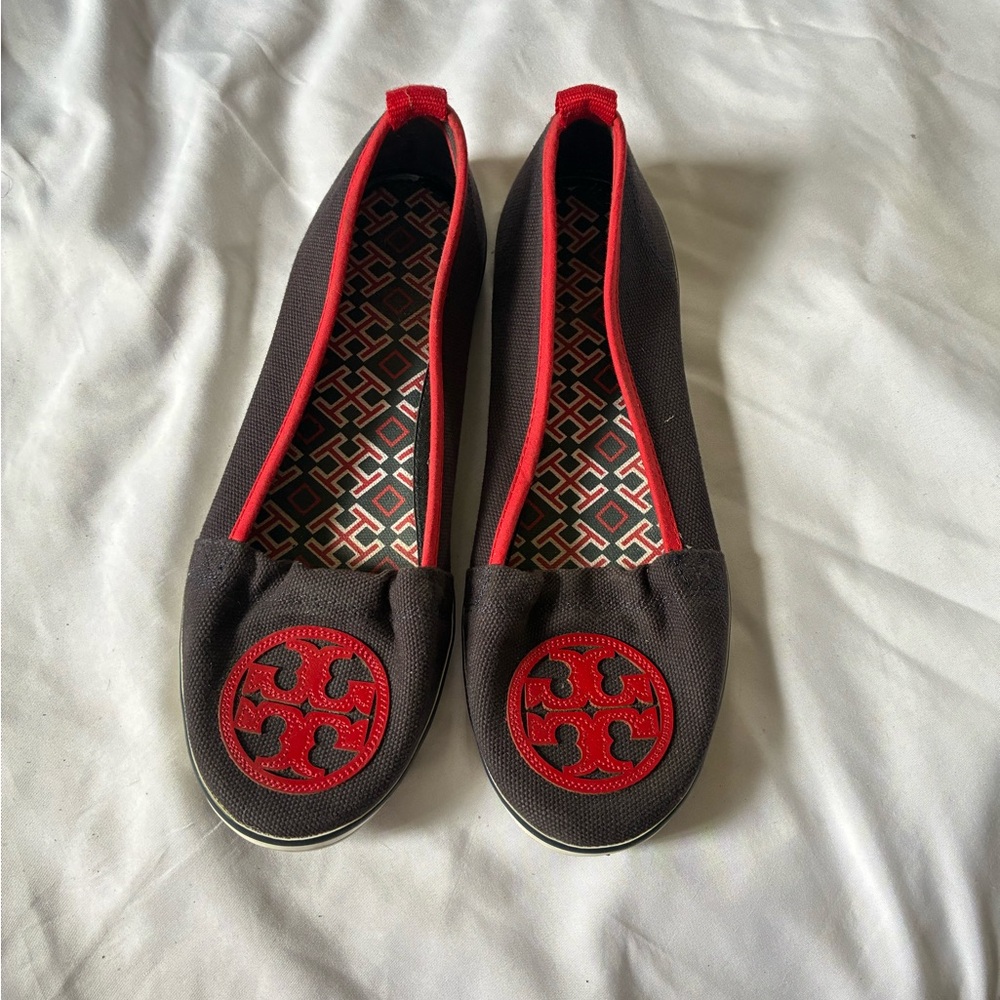 Tory Burch Black and Red Logo Ballet Flats